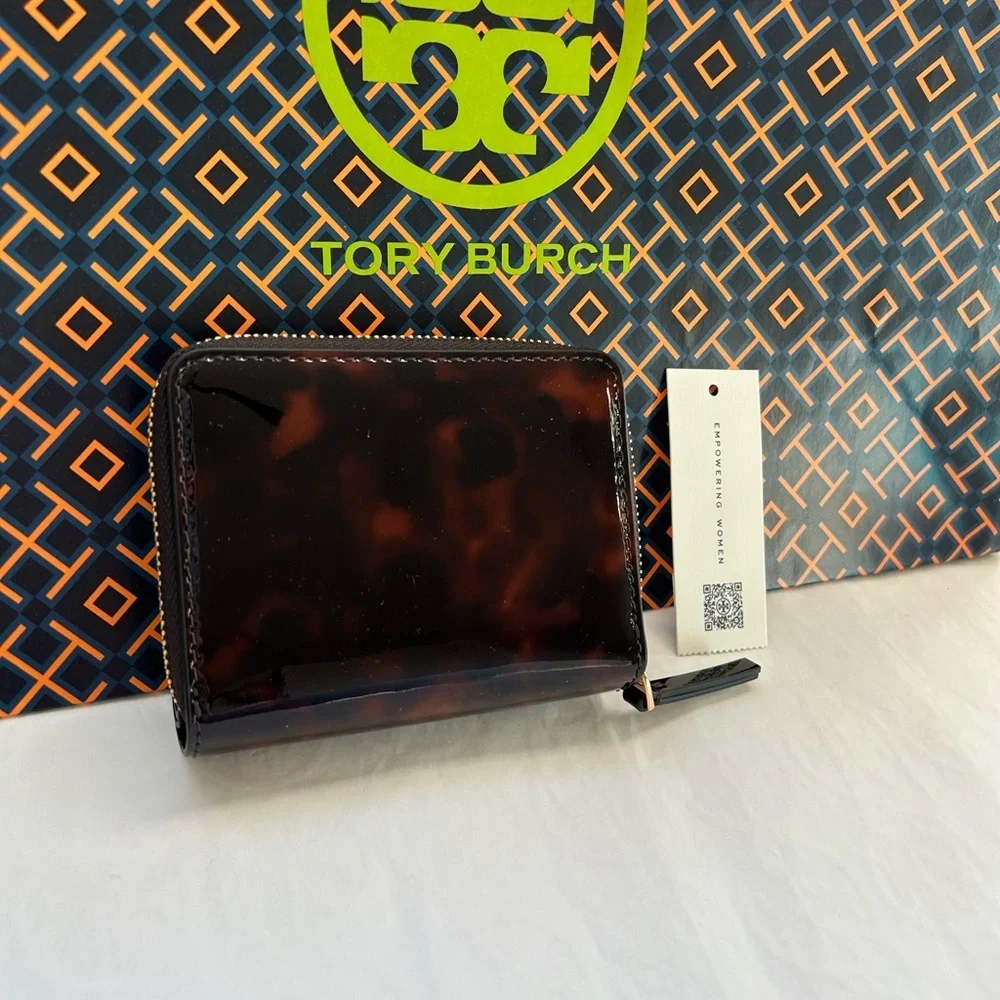 Tory Burch Emerson Tortoise Patent Mini Wallet Gold Brown Tan Neutral
